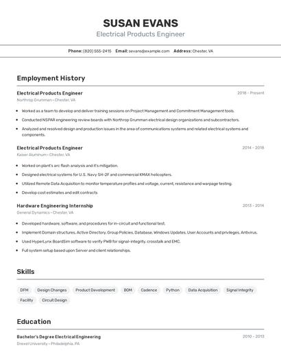 Electrical Products Engineer Resume