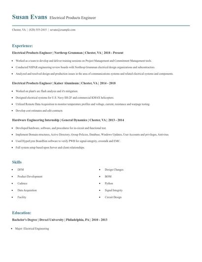 Electrical Products Engineer Resume