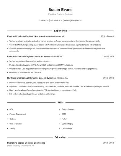 Electrical Products Engineer Resume