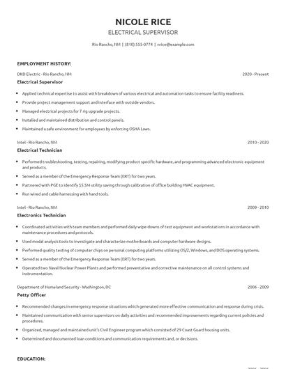 Electrical Supervisor Resume