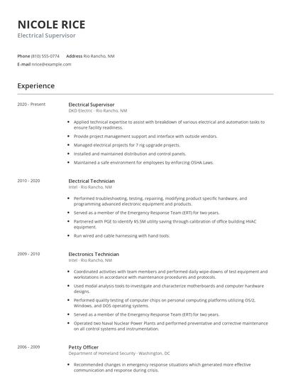 Electrical Supervisor Resume