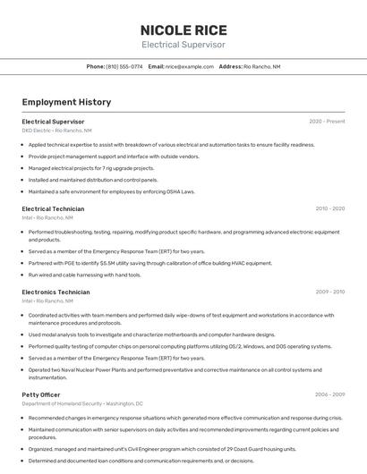 Electrical Supervisor Resume