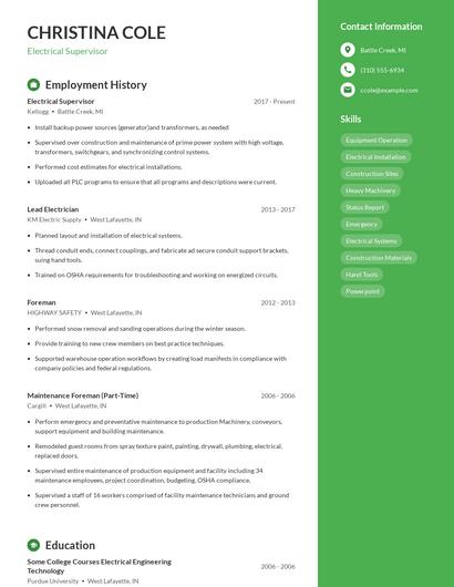 Electrical Supervisor Resume
