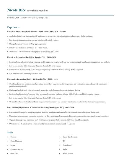 Electrical Supervisor Resume
