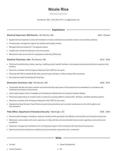 Electrical Supervisor Resume