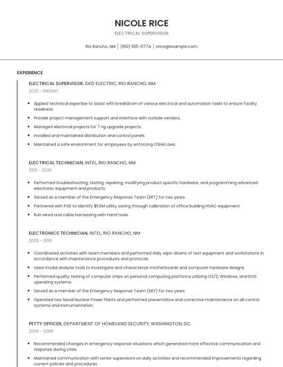 Electrical Supervisor Resume