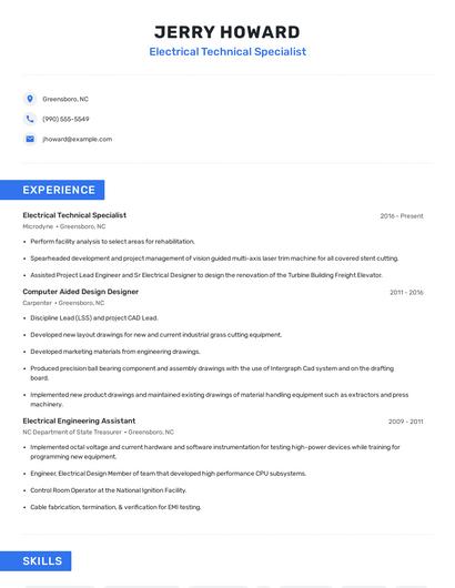 Electrical Technical Specialist Resume