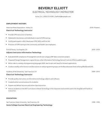 Electrical Technology Instructor Resume