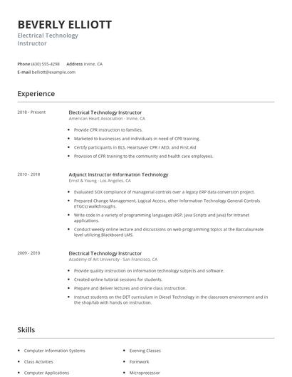 Electrical Technology Instructor Resume