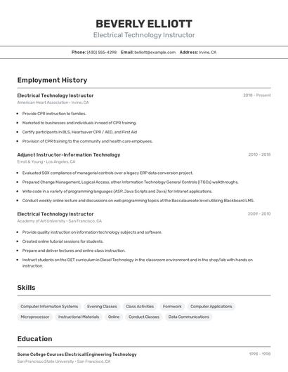 Electrical Technology Instructor Resume