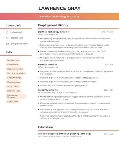 Electrical Technology Instructor Resume