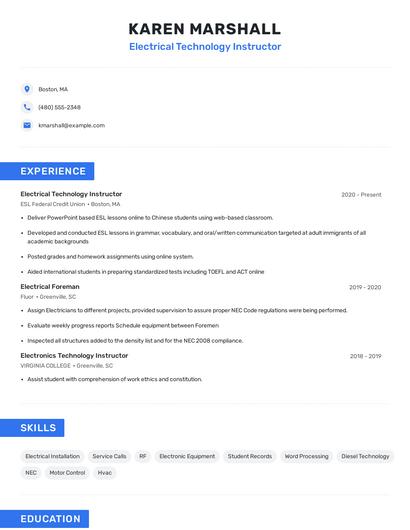 Electrical Technology Instructor Resume