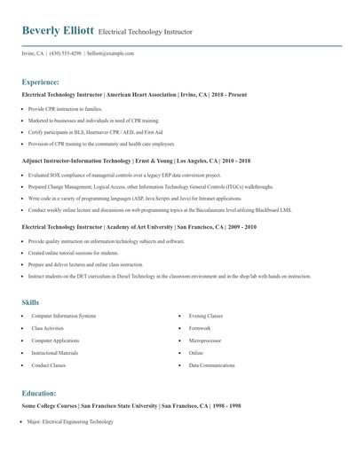Electrical Technology Instructor Resume