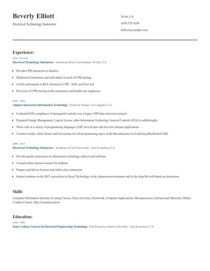 Electrical Technology Instructor Resume