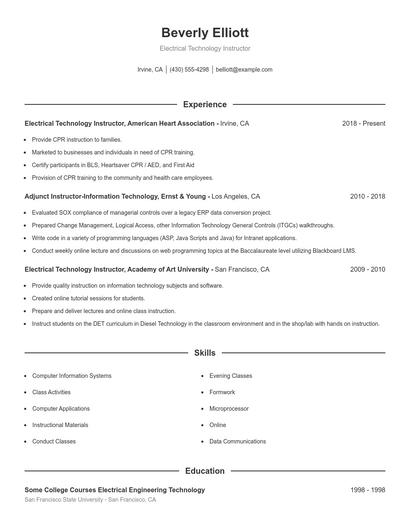 Electrical Technology Instructor Resume
