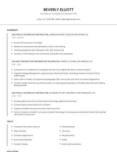 Electrical Technology Instructor Resume