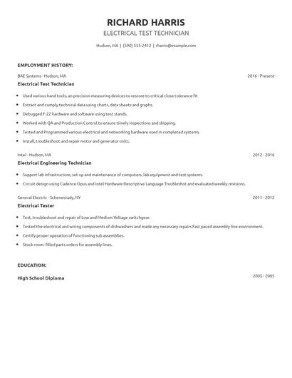 Electrical Test Technician Resume