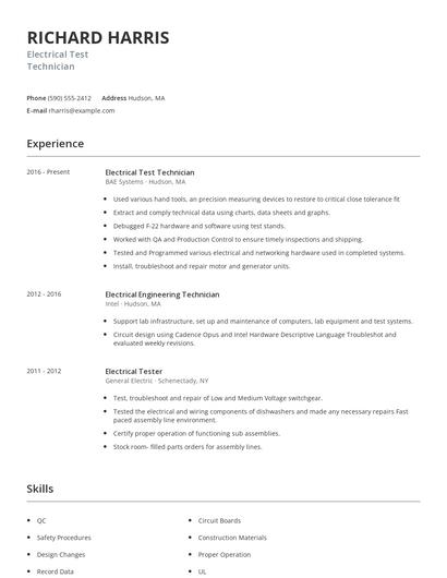 Electrical Test Technician Resume