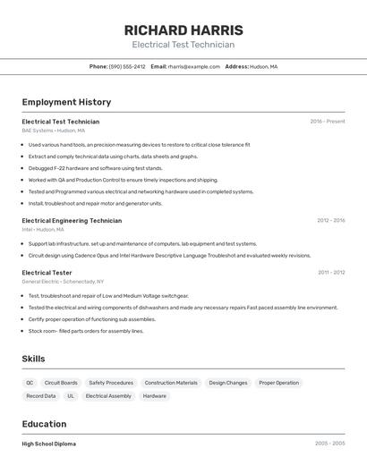 Electrical Test Technician Resume