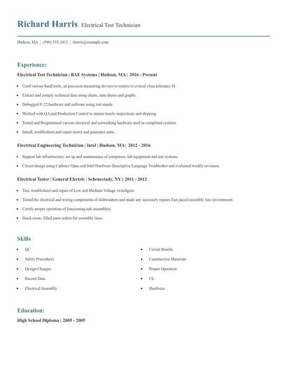 Electrical Test Technician Resume