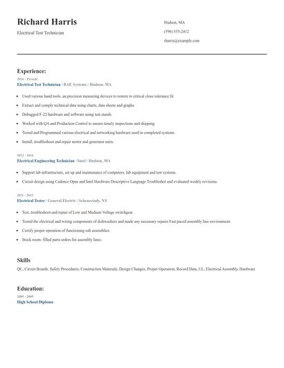 Electrical Test Technician Resume