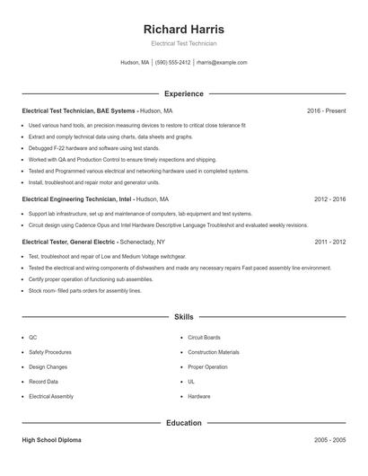 Electrical Test Technician Resume