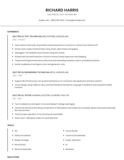 Electrical Test Technician Resume