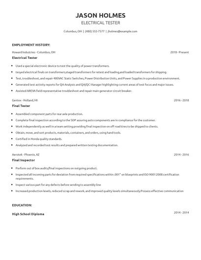 Electrical Tester Resume