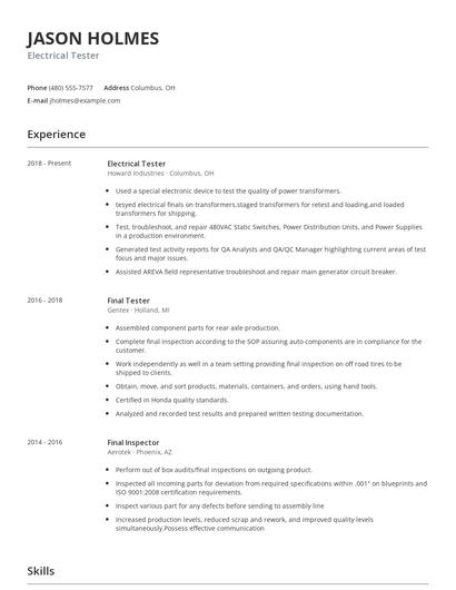 Electrical Tester Resume
