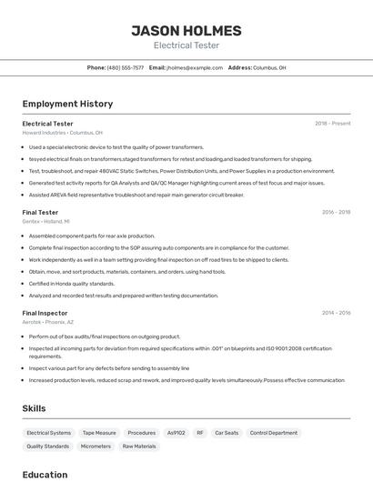 Electrical Tester Resume
