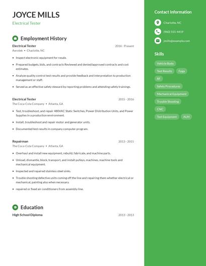 Electrical Tester Resume