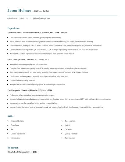 Electrical Tester Resume