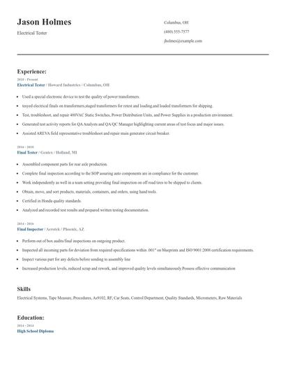Electrical Tester Resume