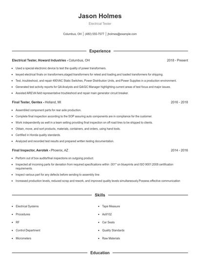 Electrical Tester Resume