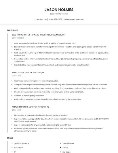 Electrical Tester Resume