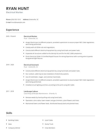 Electrical Worker Resume