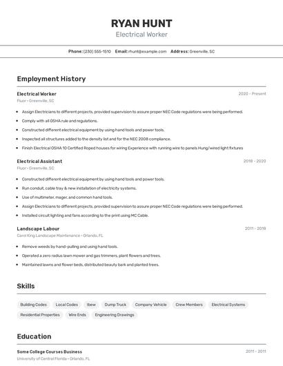 Electrical Worker Resume
