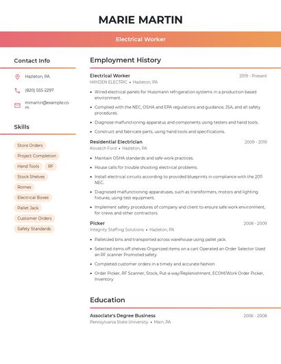 Electrical Worker Resume
