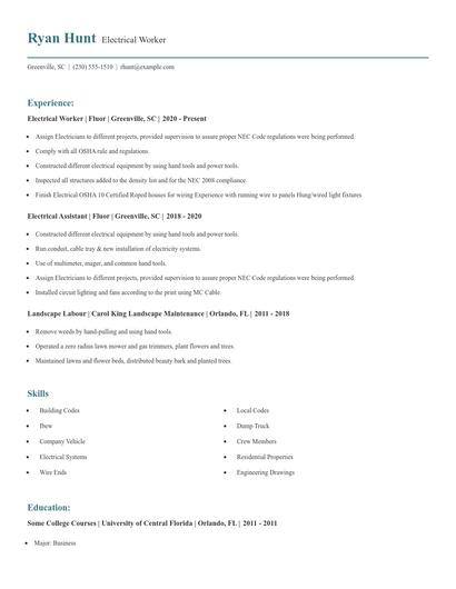 Electrical Worker Resume