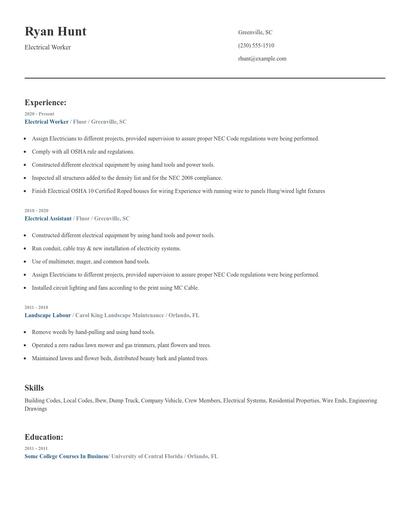 Electrical Worker Resume