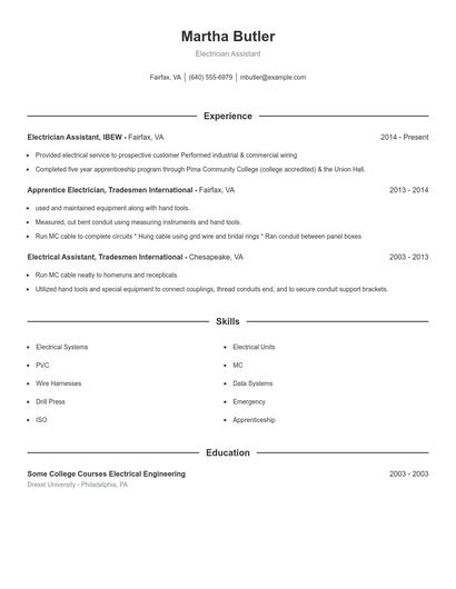 Electrician Assistant Resume