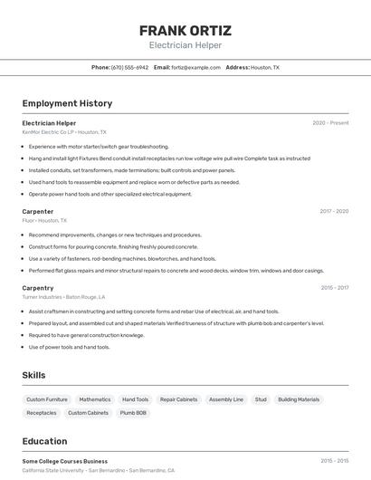 Electrician Helper Resume