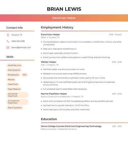 Electrician Helper Resume