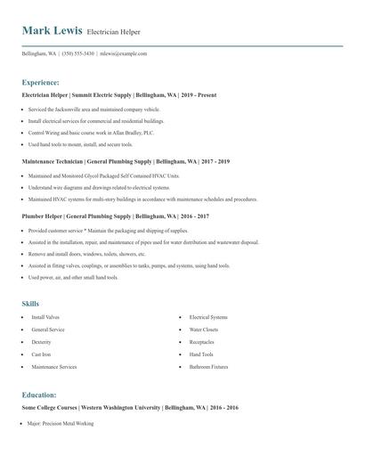 Electrician Helper Resume