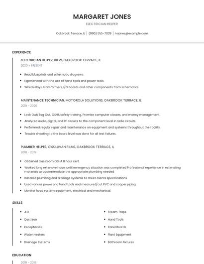 Electrician Helper Resume