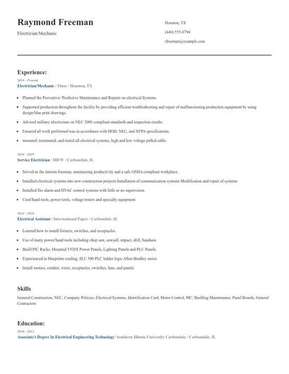 Electrician/Mechanic Resume