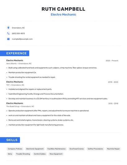Electro Mechanic Resume