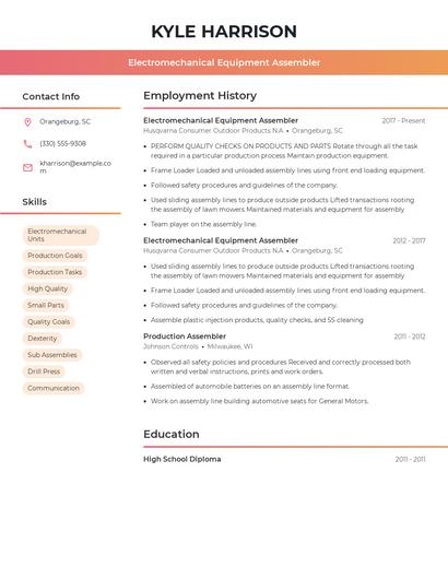Electromechanical Equipment Assembler Resume