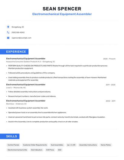 Electromechanical Equipment Assembler Resume