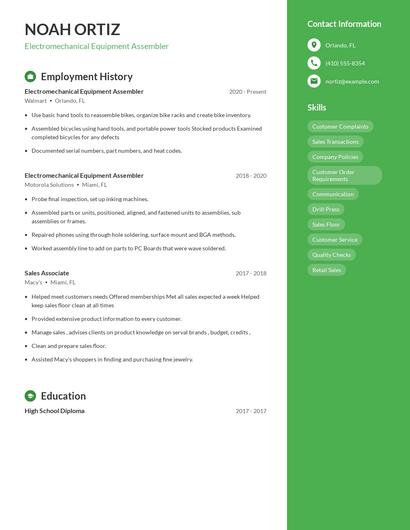 Electromechanical Equipment Assembler Resume